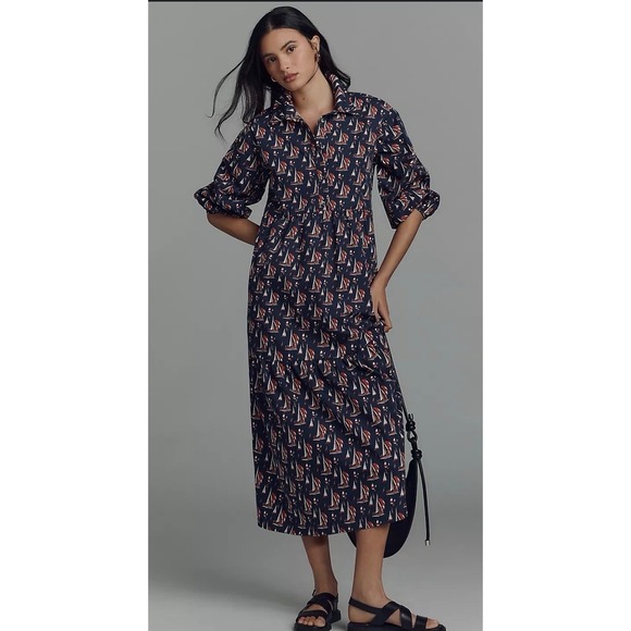 Anthropologie Maeve The Bettina Tiered Midi Dress Navy Sailboat Print Size XS